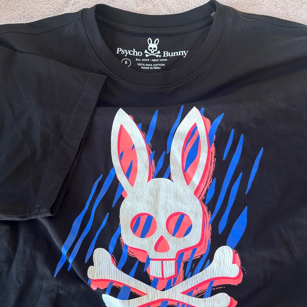 Psycho Bunny Graphic T Shirt Mens size 6 Large Pima Cotton Black Skull NWOT